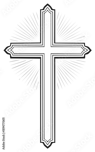 Detailed religious cross design with radiating beams for faith and symbolic representation in a vector format