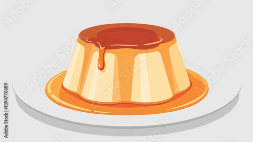 Creamy dessert with glistening caramel sauce on a white plate