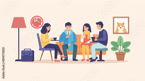 Four people sit together in a cozy room, engaged in conversation and activities