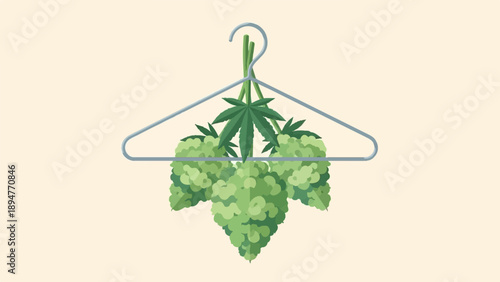 Green buds and leaves hang from a clothing hanger