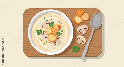 Creamy mushroom soup with croutons and parsley served on a wooden board