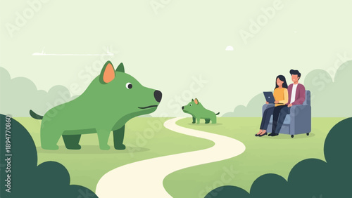 Green cartoon dogs on path, couple on couch with laptop in background