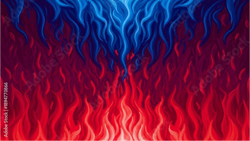 Flames dancing upwards in a fiery display of red and blue hues