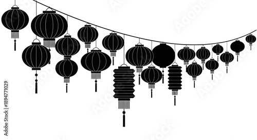 Black silhouette of a string of Chinese New Year lanterns against a white background, a classic decoration for the 2026 celebration.