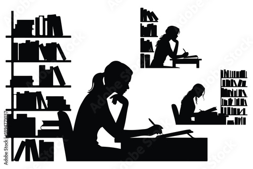 Black silhouettes of women studying at desks with bookshelves