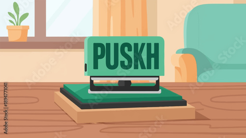 Green stamp with word "PUSKH" on desk near couch, potted plant