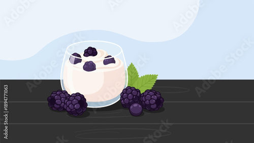 Creamy yogurt dessert with fresh blackberries and mint leaves