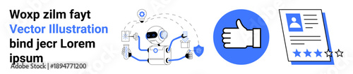 Artificial intelligence, digital security, customer reviews, profile identification, automated processes, user experience. Robot with shield, thumbs-up icon profile document. AI technology