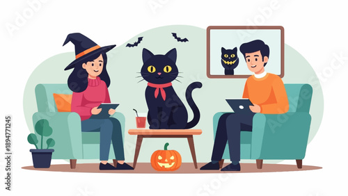Halloween scene with people, cat, pumpkin, and bats