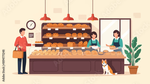 Customers and staff in a bakery with assorted breads and pastries
