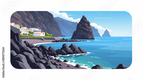 Idyllic Mediterranean village nestled against rugged coastal cliffs and azure waters