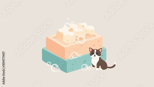 Cute cartoon cat sitting near stacked bath sponges with bubbles