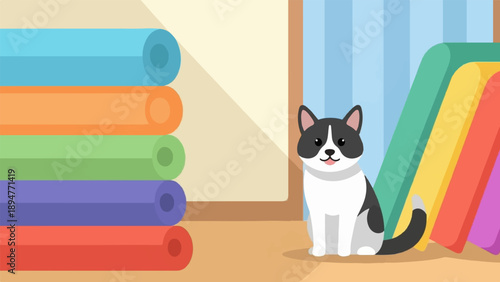 Cute cartoon cat sits next to colorful rolled-up mats and a rainbow