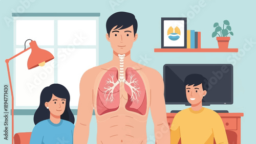 Illustration of human anatomy with a family in a living room setting