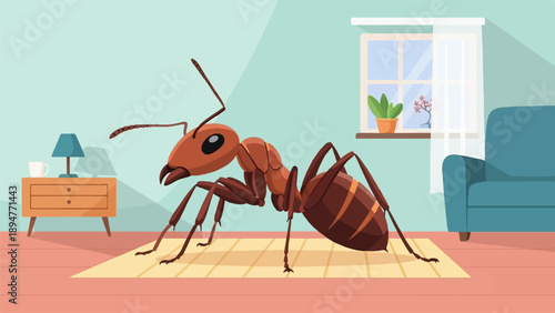 Giant ant explores a cozy living room with furniture and a window