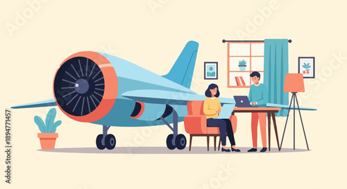 Illustration of people working from home next to a large airplane