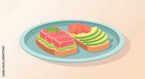 Fresh avocado and tuna toasts served on a pale blue plate, pixel art