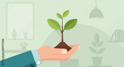 Hand holding a young plant indoors with interior decor