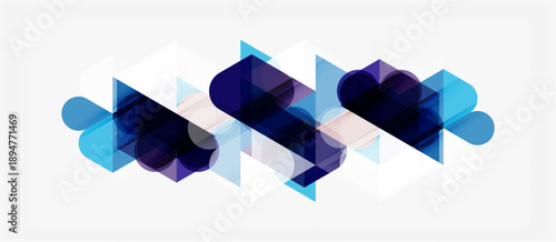 Abstract geometric shapes overlap, creating dynamic visual pattern. Blue, purple hues dominate composition. Minimalist design.