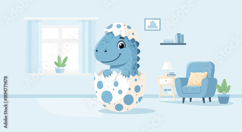 Cute cartoon dinosaur hatching from a spotted egg in a cozy room