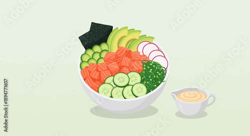 Fresh poke bowl with salmon, avocado, cucumber, seaweed, and dressing