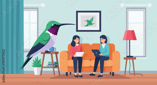 Giant hummingbird watches two women discuss papers on an orange couch
