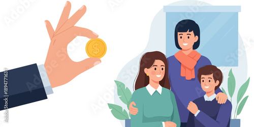 Hand offering coin to smiling family with green plants and window