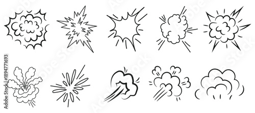 Hand drawn comic explosion and starburst elements featuring impact clouds, action bursts and sketch emphasis shapes for pop art, presentations and creative design use.