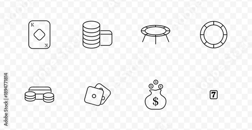 Casino gaming set icon. Playing card, chip stack, poker table, round chip, coin bridge, dice pair, money bag, lucky seven block in gambling line style.