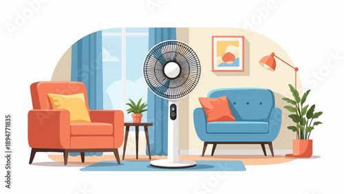 Interior scene with fan, armchairs, sofa, plants, and lamp