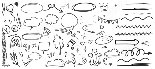 Hand drawn doodle elements set featuring speech bubbles, arrows, lines, clouds and decorative sketch symbols for education, notes, presentations and creative design use.