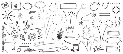 Hand drawn doodle elements set featuring speech bubbles, arrows, lines, clouds and decorative sketch symbols for education, notes, presentations and creative design use.