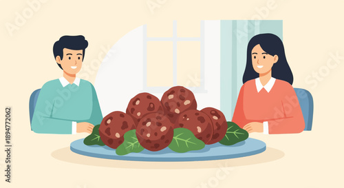 Happy couple enjoying a meal of meatballs and greens indoors