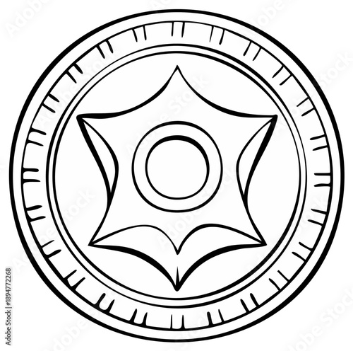Circular medallion with a six pointed star and ancient markings line art illustration