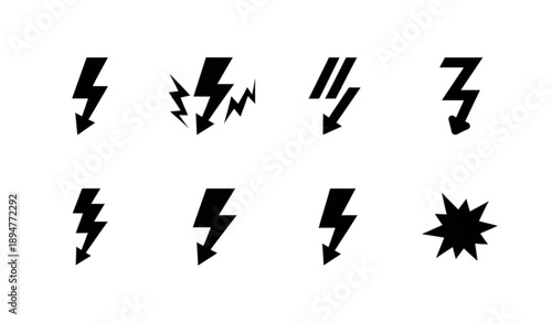 Lightning Bolt Flat Silhouette Icon Set Vector Thunder Symbols