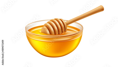 Sweet Nectar A clear glass bowl brimming with golden, pure honey, paired with a wooden honey dipper, embodies the essence of natural sweetness.