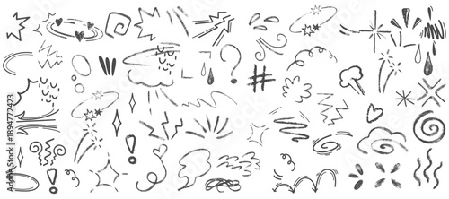 Hand drawn doodle symbols and sketch marks featuring lightning, stars, swirls and expressive elements for annotation, social media, presentations and creative design.