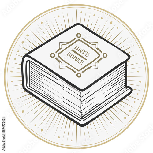Isometric vintage holy book illustration. Religious text in stylized sketch drawing in circle with radial burst vector graphic.