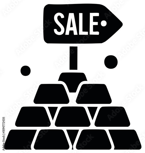 Sale Sign atop a Stack of Bullion Bars Icon in Black and White Offering Bargains and Great Value