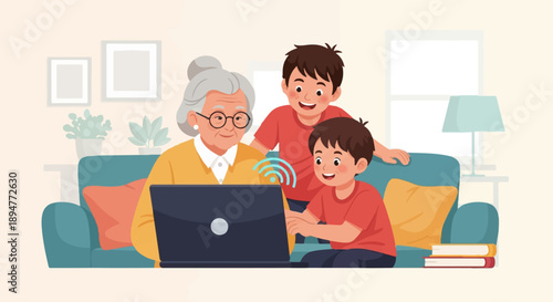 A grandmother and two boys happily engage with a laptop on a sofa