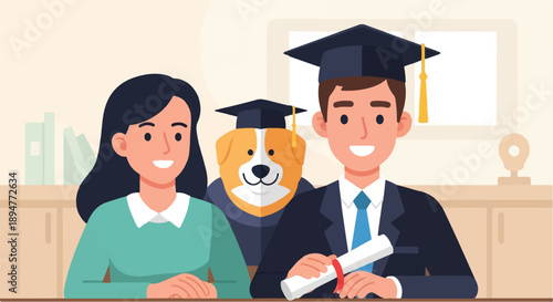 A graduate celebrates with a woman and a dog