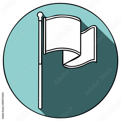 Simple White Flag Waving on a Pole with Shadow Symbolizing Surrender or Peace