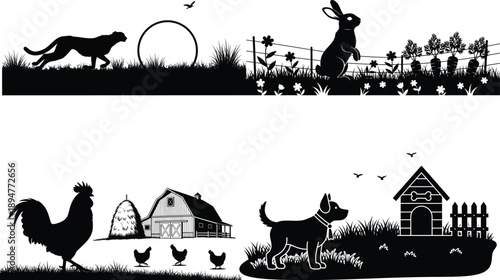Farm and garden silhouette scene with animals