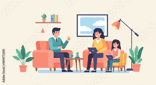 A family in a living room with laptops, plants and a painting