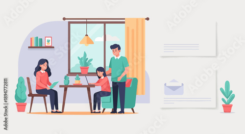 A family is working and studying together at home