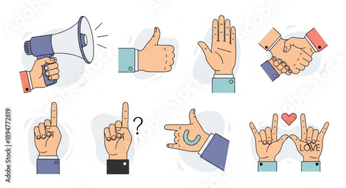 Collection of Hand Gestures and Symbols for Communication and Agreement.