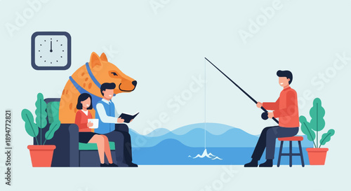 A family of three and their dog relax and fish on a calm day