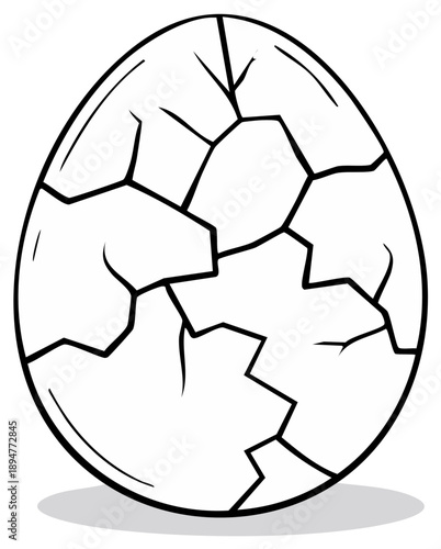 Cracked eggshell cartoon illustration, black outline, ready to hatch, Easter concept or birth.