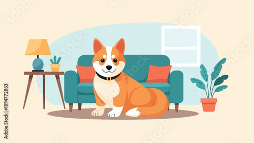 A fluffy corgi sits on a rug in front of a sofa in a cozy room