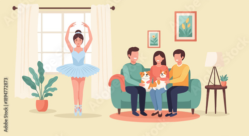 A family of three enjoys a cozy living room with two dogs and a dancer